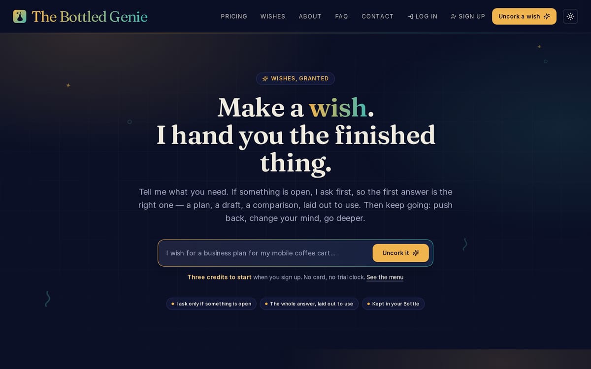 The Bottled Genie website, designed and built by MySiteHandled.com