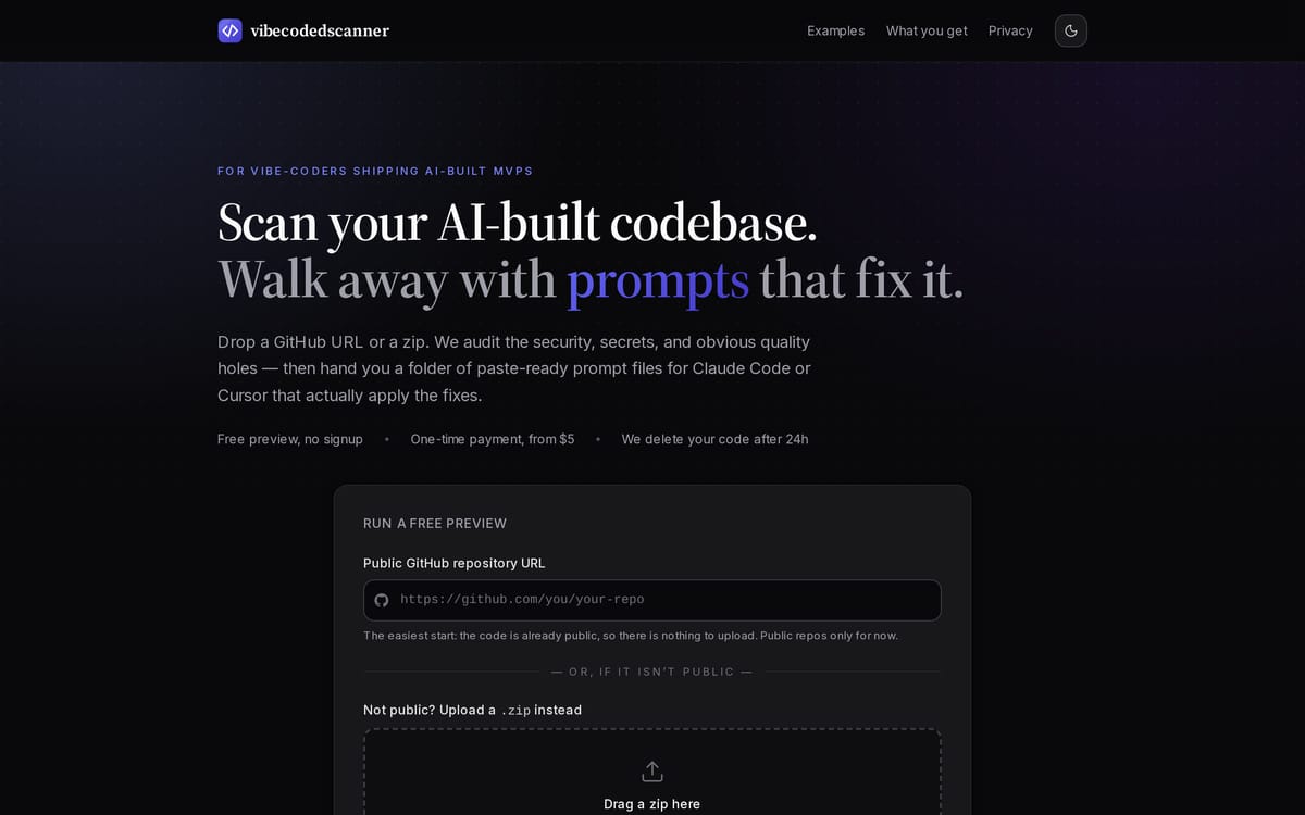 Vibe Coded Scanner website, designed and built by MySiteHandled.com